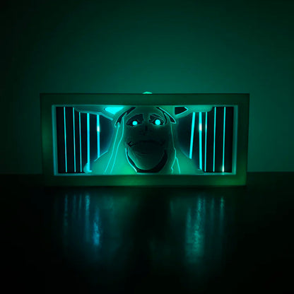 Glowing green mask with bars on a dark background