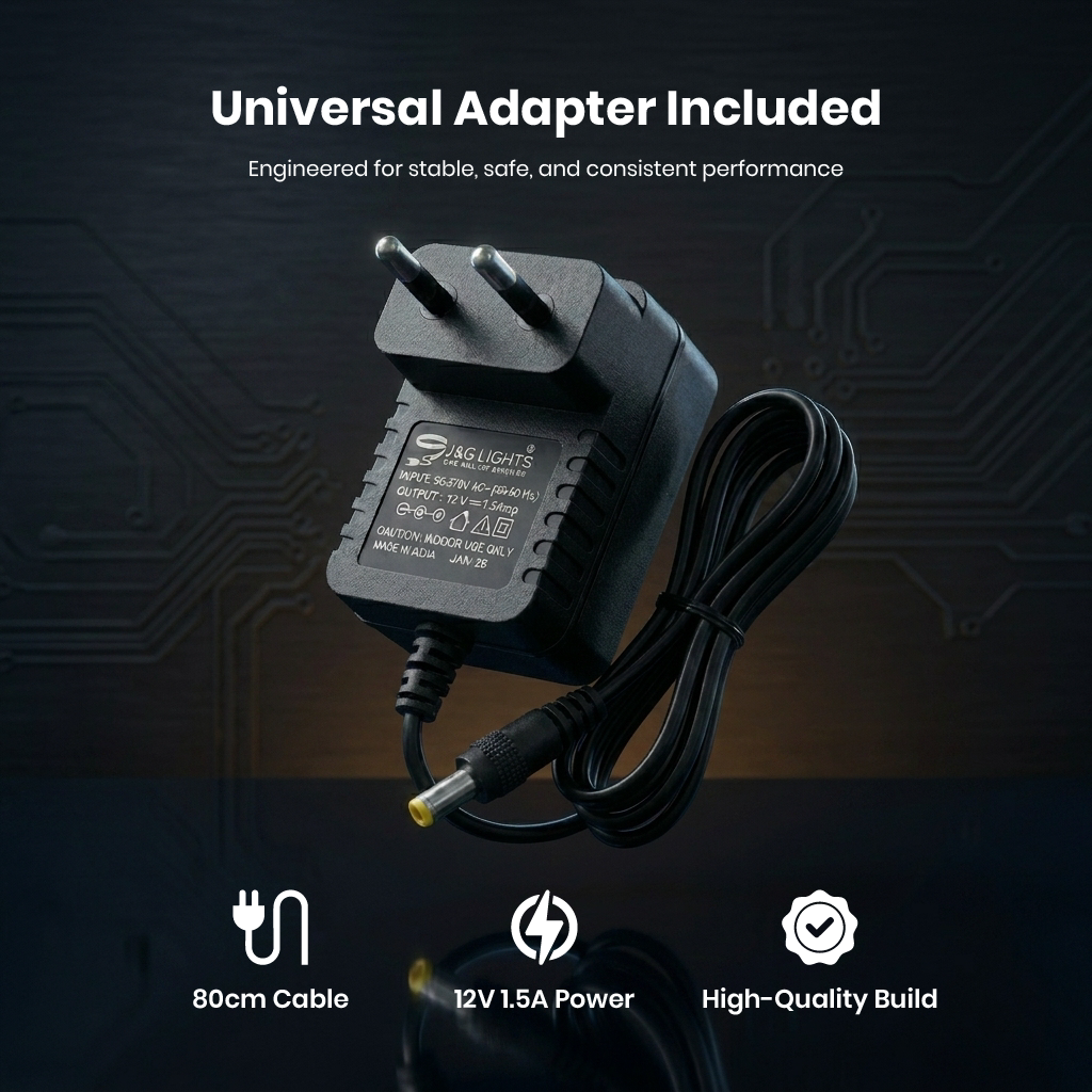 Black universal adapter with cable on a dark background, featuring text about its features.