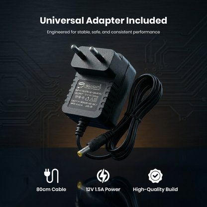 Black universal adapter with cable on a dark background, featuring text about its features.