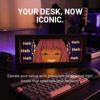 Light box with anime character on a desk with text 'Your Desk, Now Iconic.'