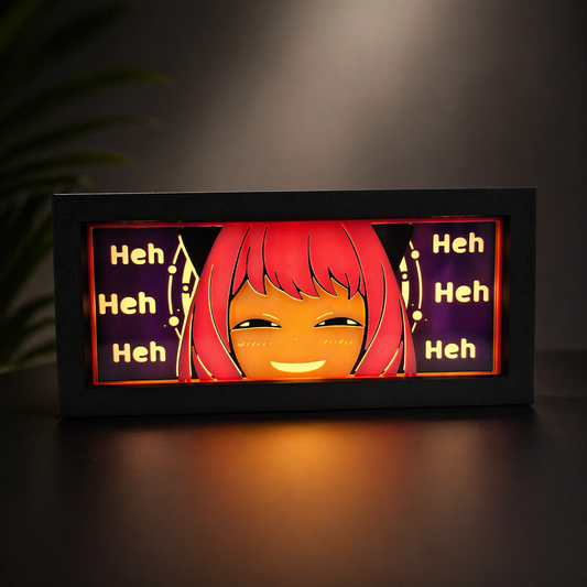 Light-up sign with an animated character and 'Heh' text on a dark background