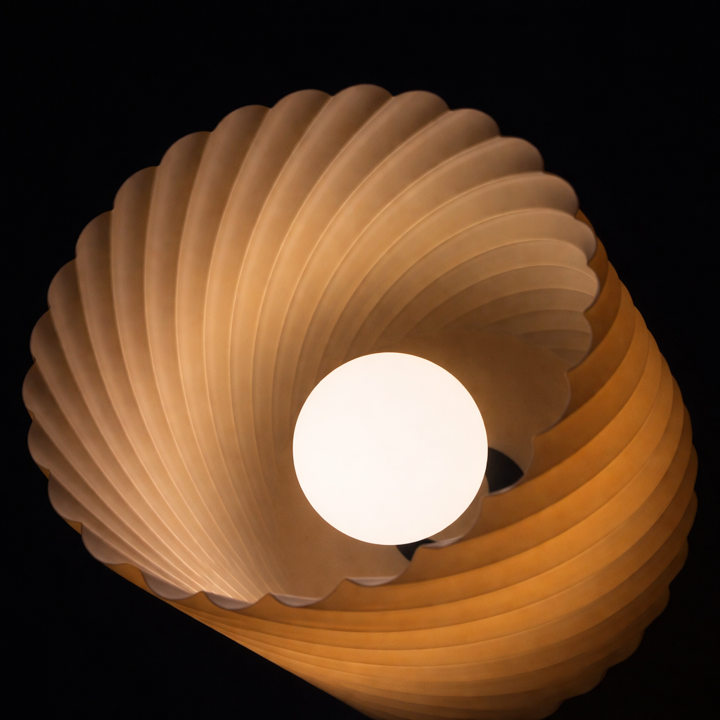 Spherical lamp with ribbed design on a black background