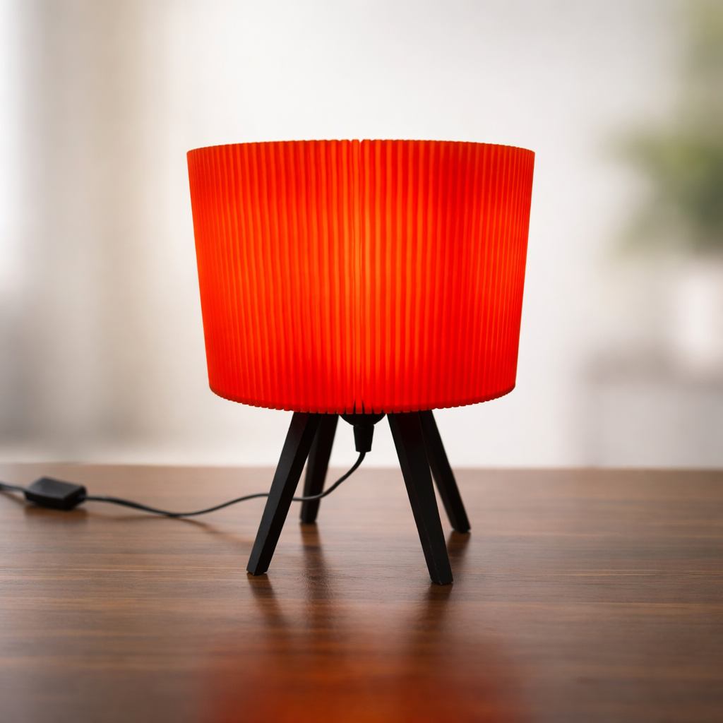 Orange lamp with black base on a wooden surface