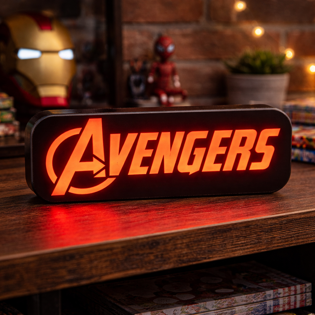 Avengers logo light on a wooden surface with superhero figurines in the background