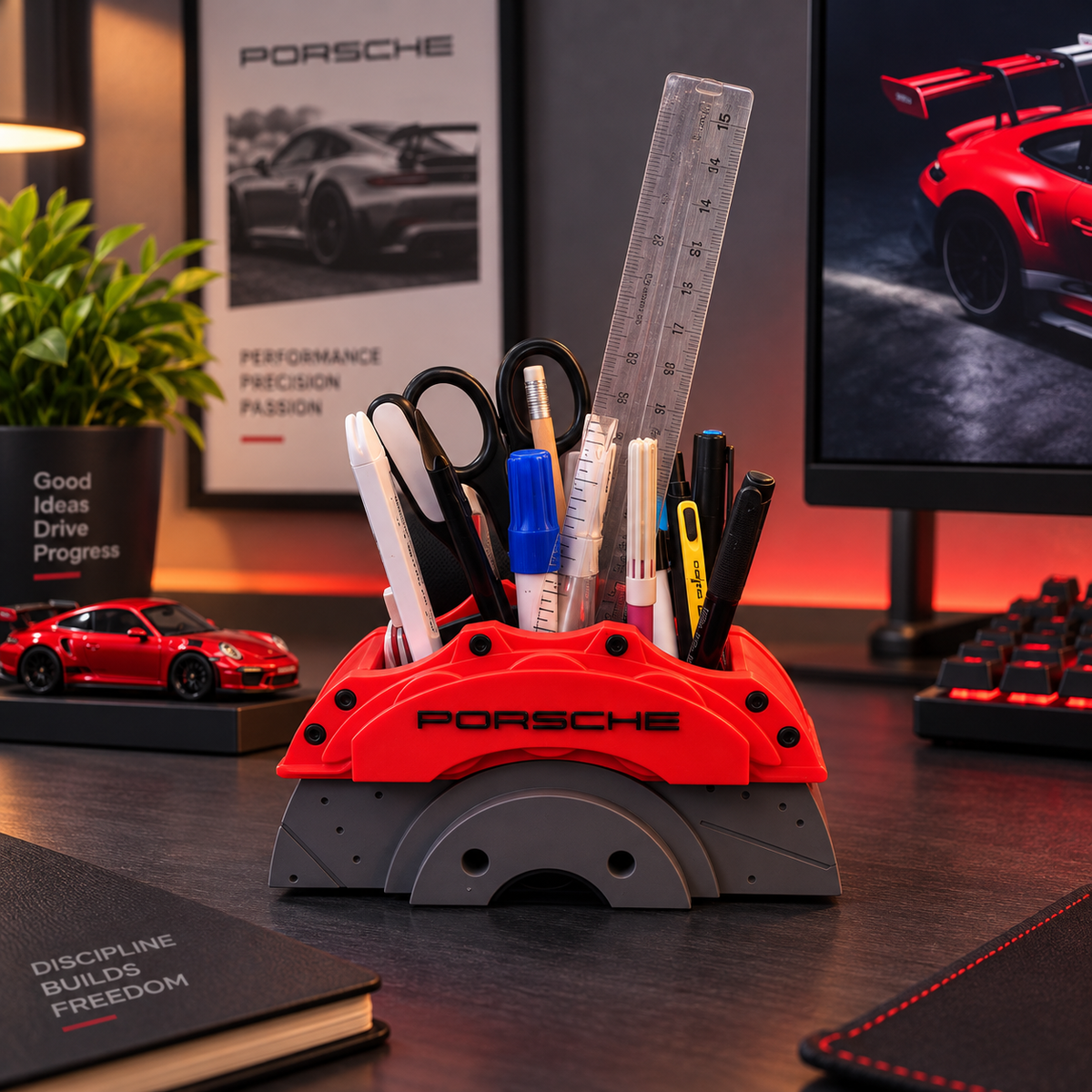A red and gray desk organizer shaped like a Porsche brake caliper, filled with pens, scissors, and a ruler, placed on a desk in front of a computer monitor and keyboard.