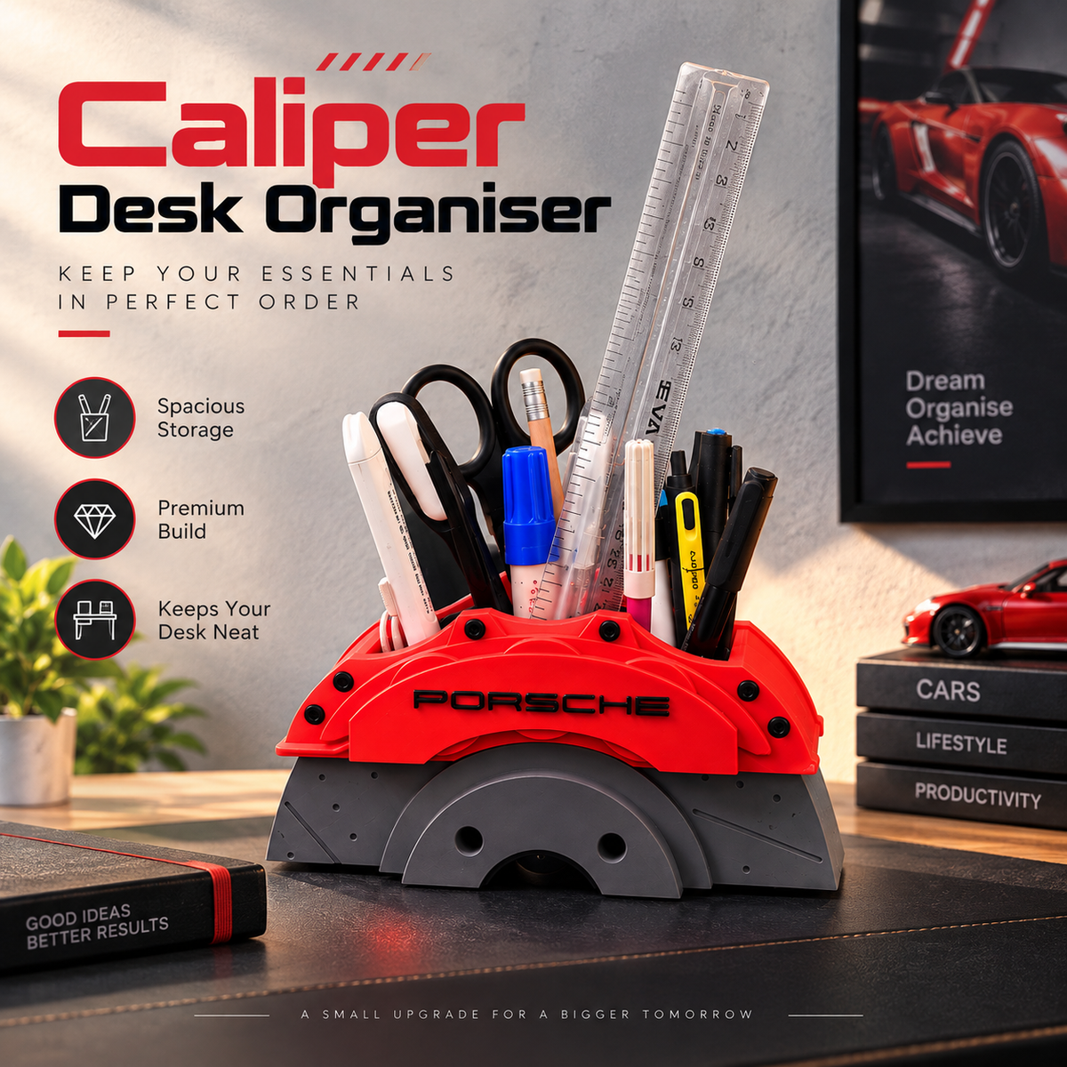 A red and gray Porsche-branded desk organizer shaped like a brake caliper, holding pens, a ruler, and scissors on a desk. The scene includes promotional text reading 'Caliper Desk Organiser' and a framed sports poster in the background.