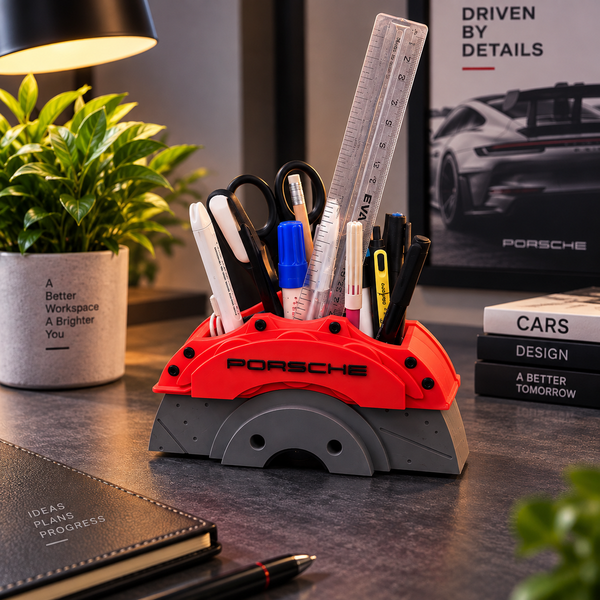 A Porsche-branded desk organizer shaped like a red brake pedal, filled with pens, a ruler, scissors, and other office supplies, placed on a dark desk with books, a plant, and a lamp in the background.
