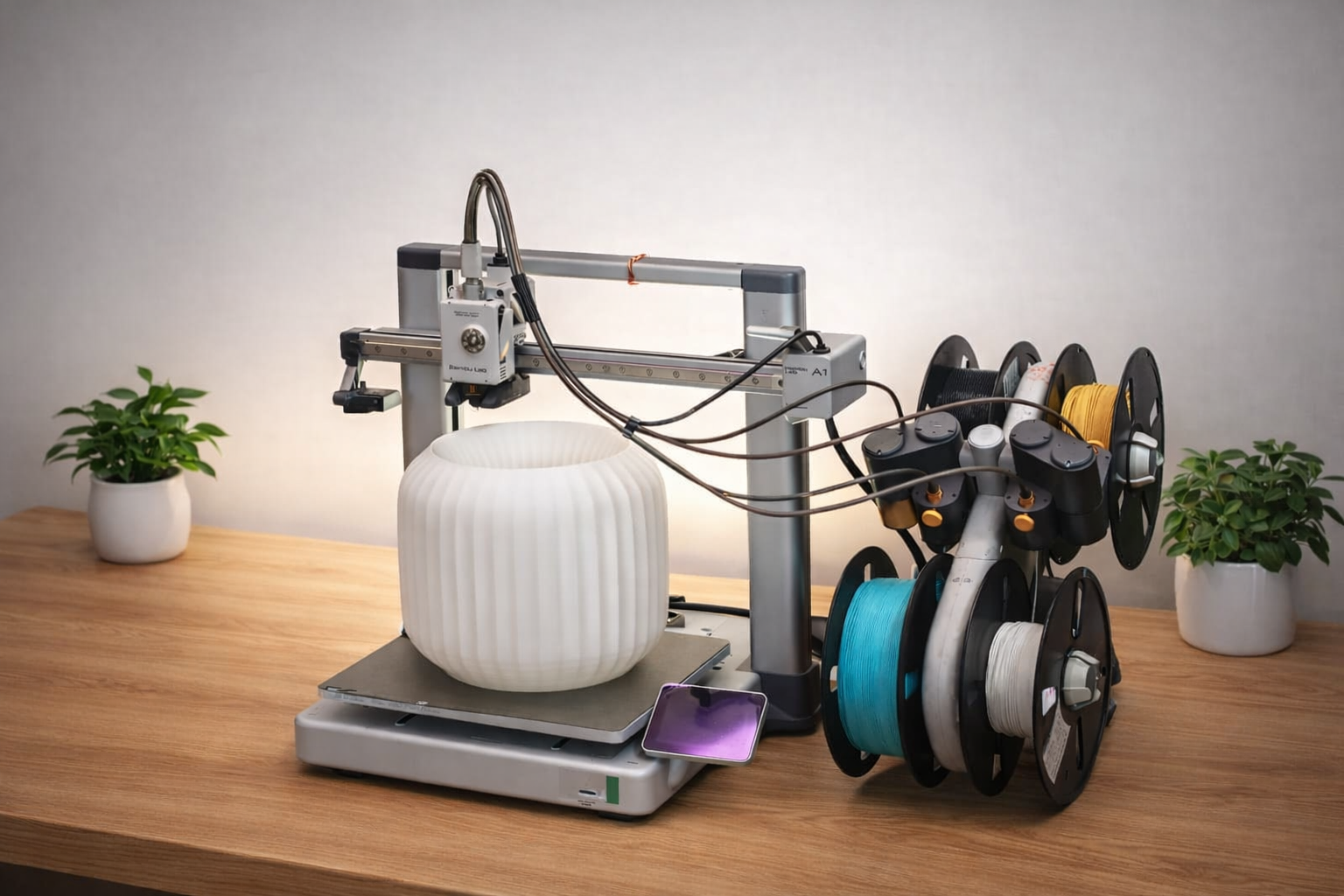 3D printer in use on a wooden table with spools of filament and plants in the background.