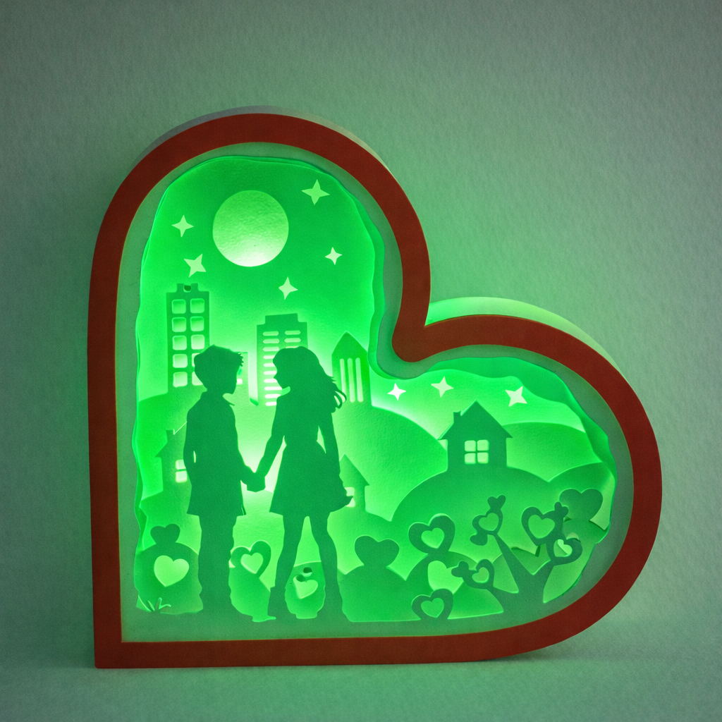 Heart-shaped night light with a silhouette of a couple and cityscape inside, glowing green.
