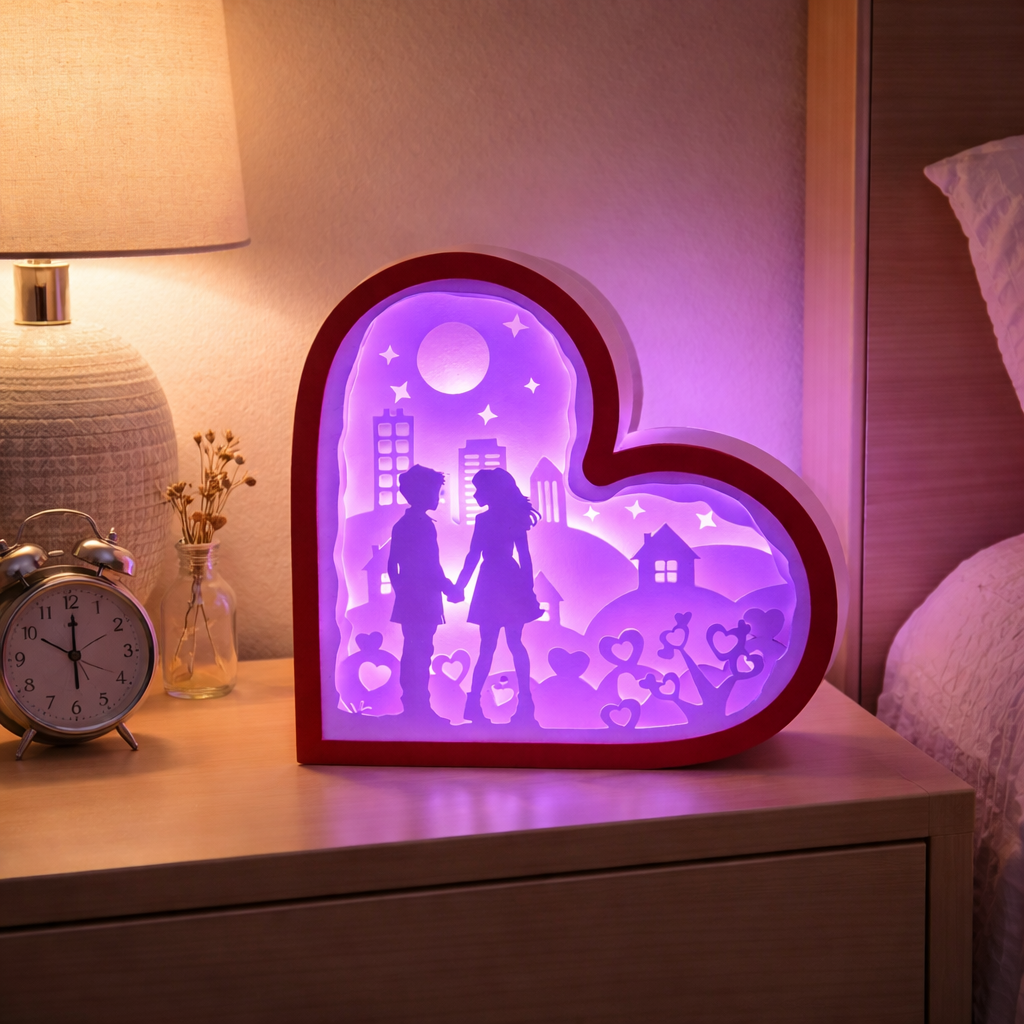 Heart-shaped night light with a silhouette of a couple on a dresser next to a clock and lamp.