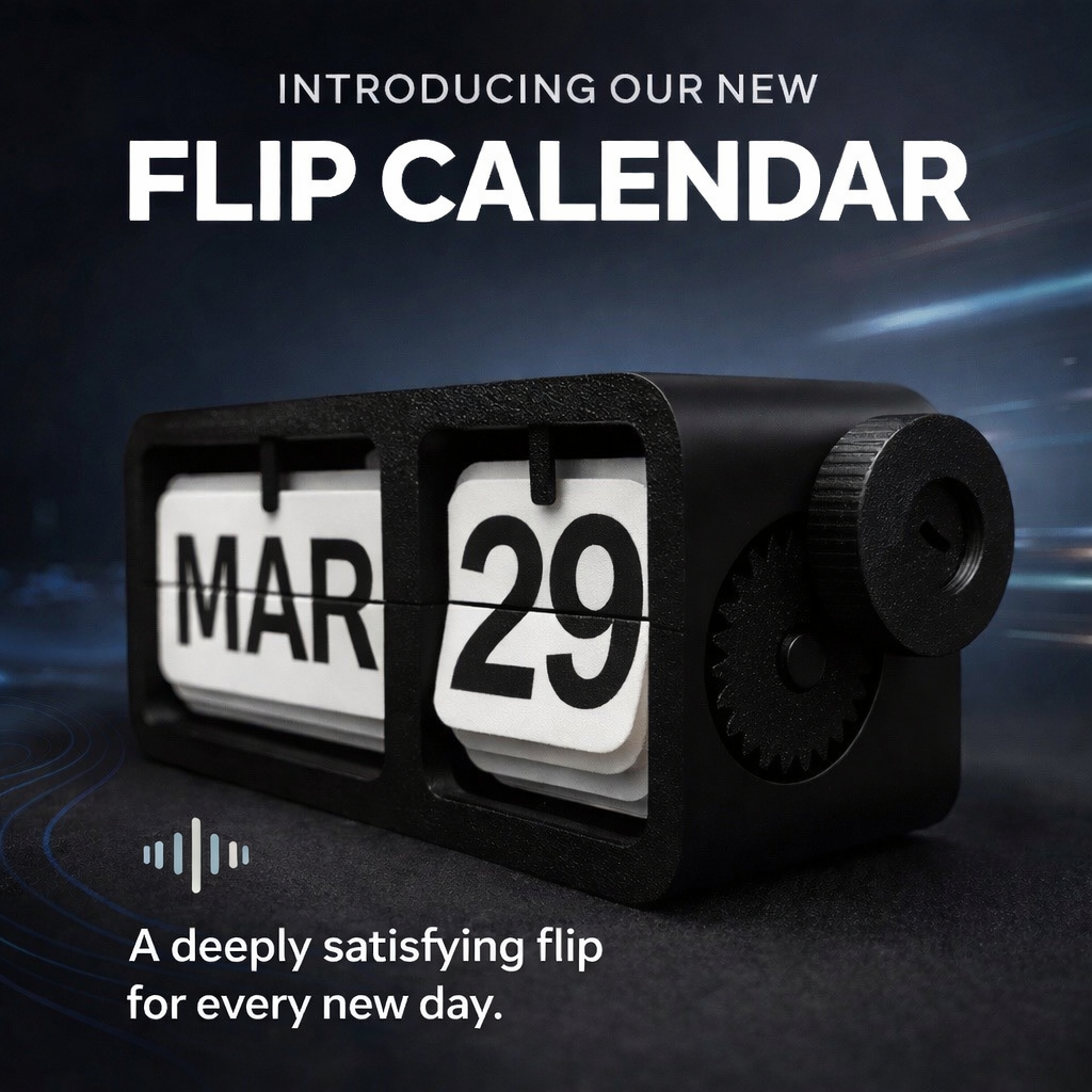 Flip calendar with 'MAR 29' on a dark background, introducing a new product.