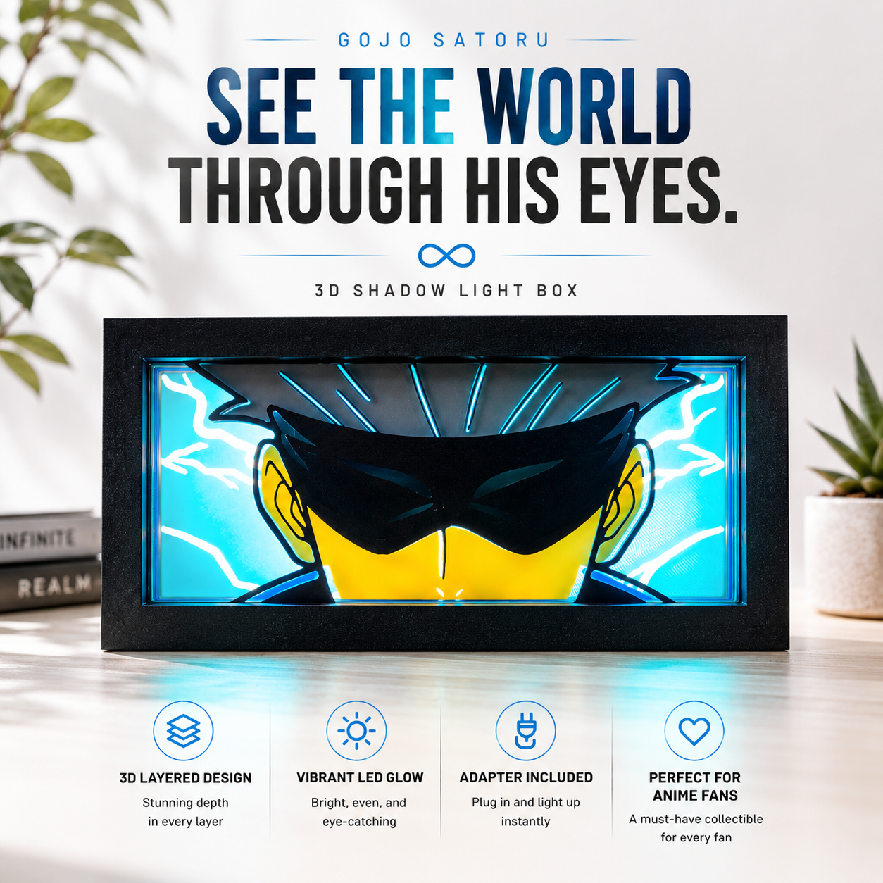 3D shadow light box with anime character design on a table with plants in the background