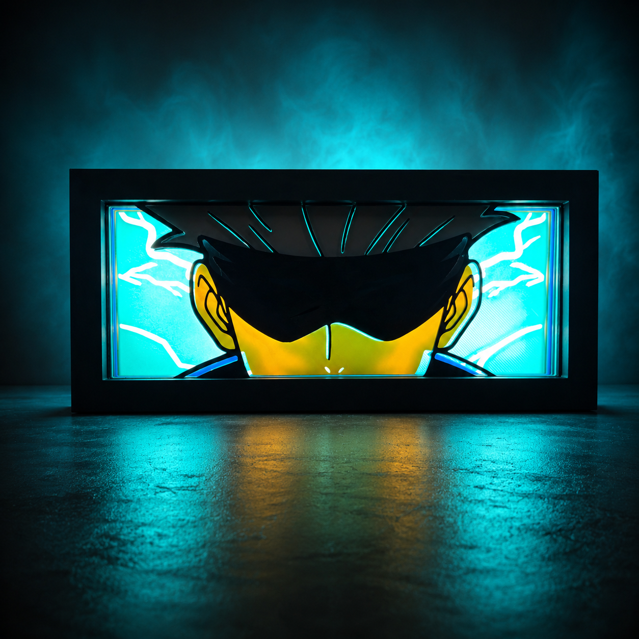 Neon sign of a stylized face with a black mask on a dark background