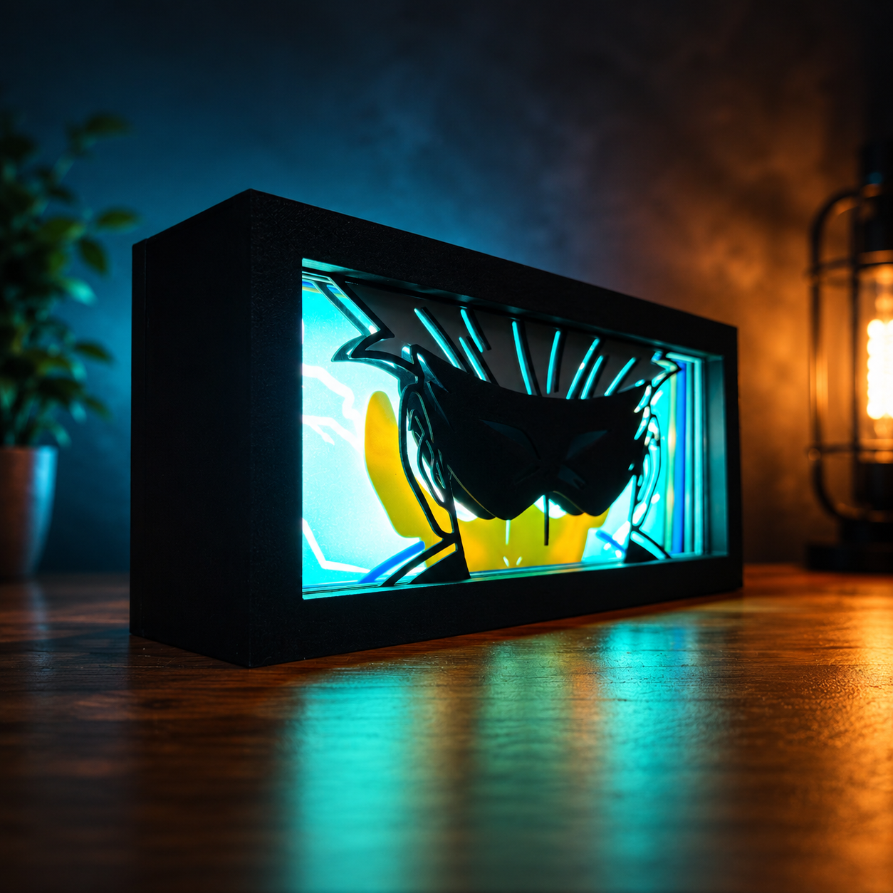 Neon sign of a fish in a cup with a dark frame on a wooden surface.