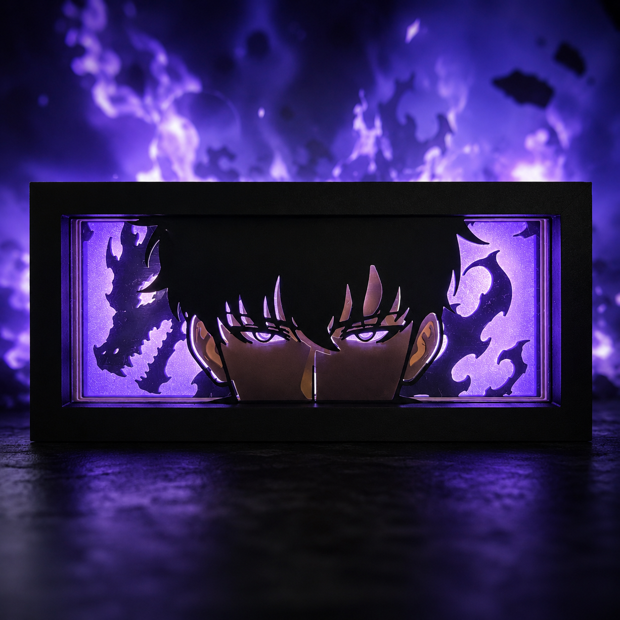 Anime character face design in a 3D box with purple lighting