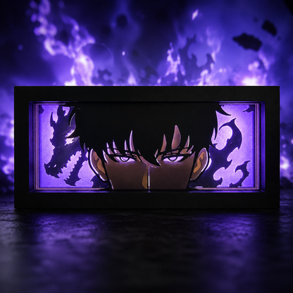 Anime character face design in a 3D box with purple lighting