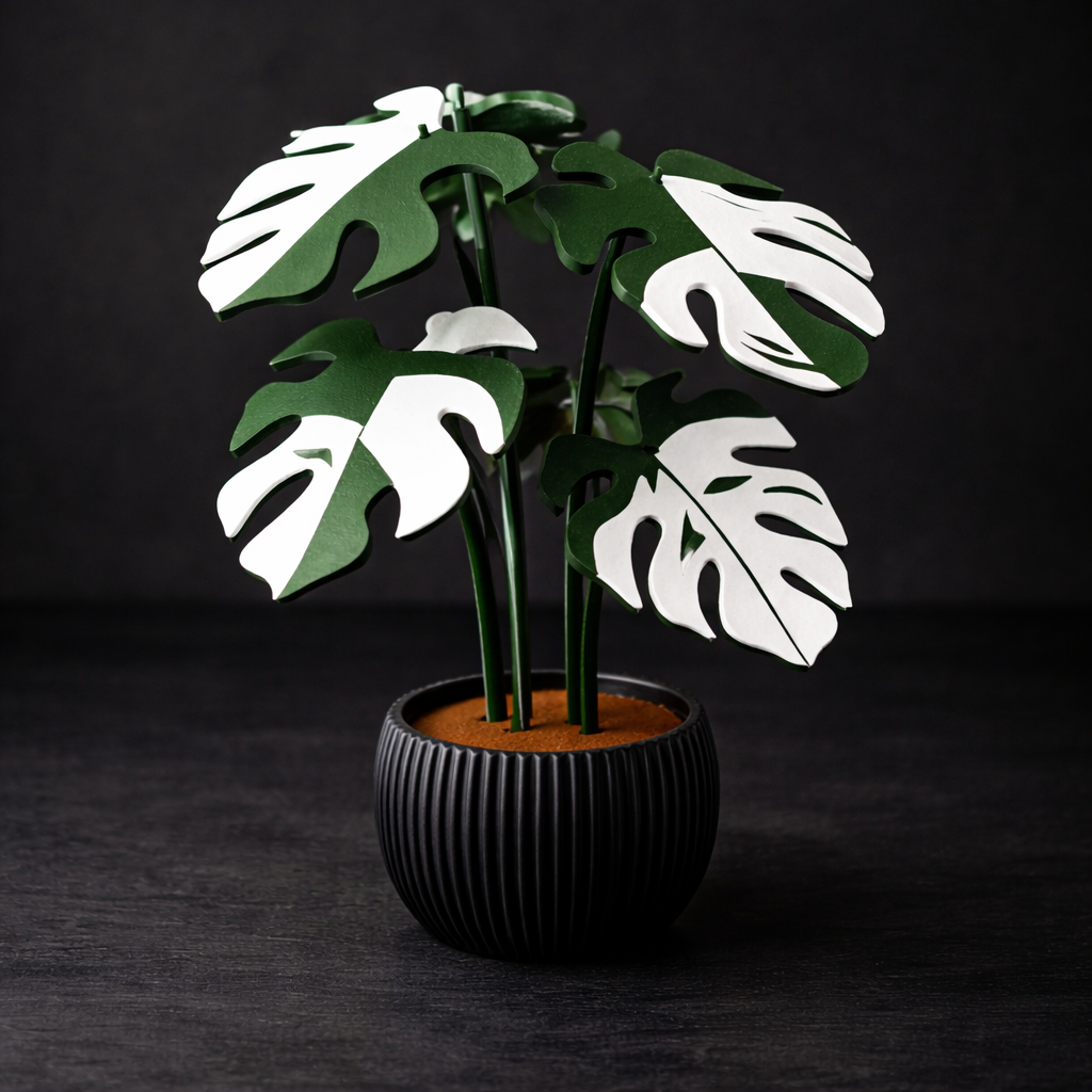 Potted plant with green and white leaves on a dark background