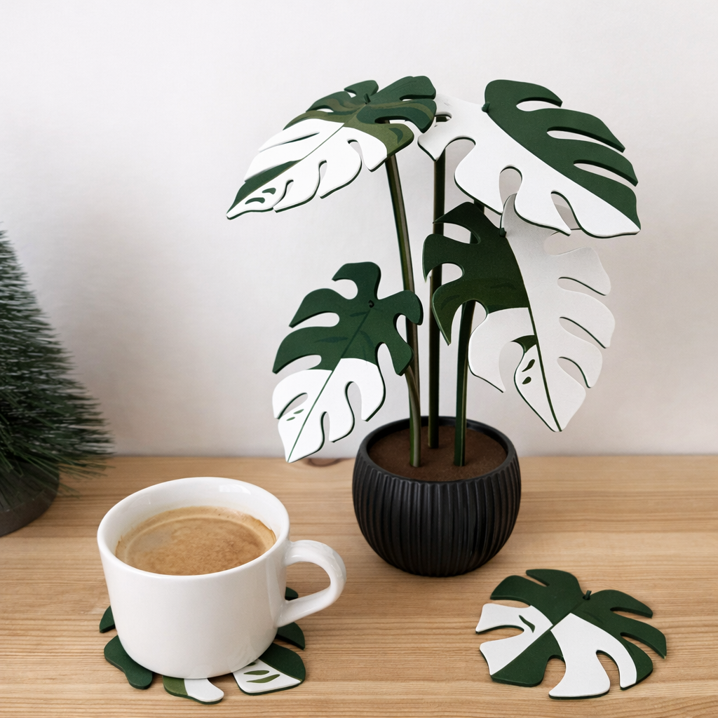 Potted plant with decorative leaf coasters on a wooden surface