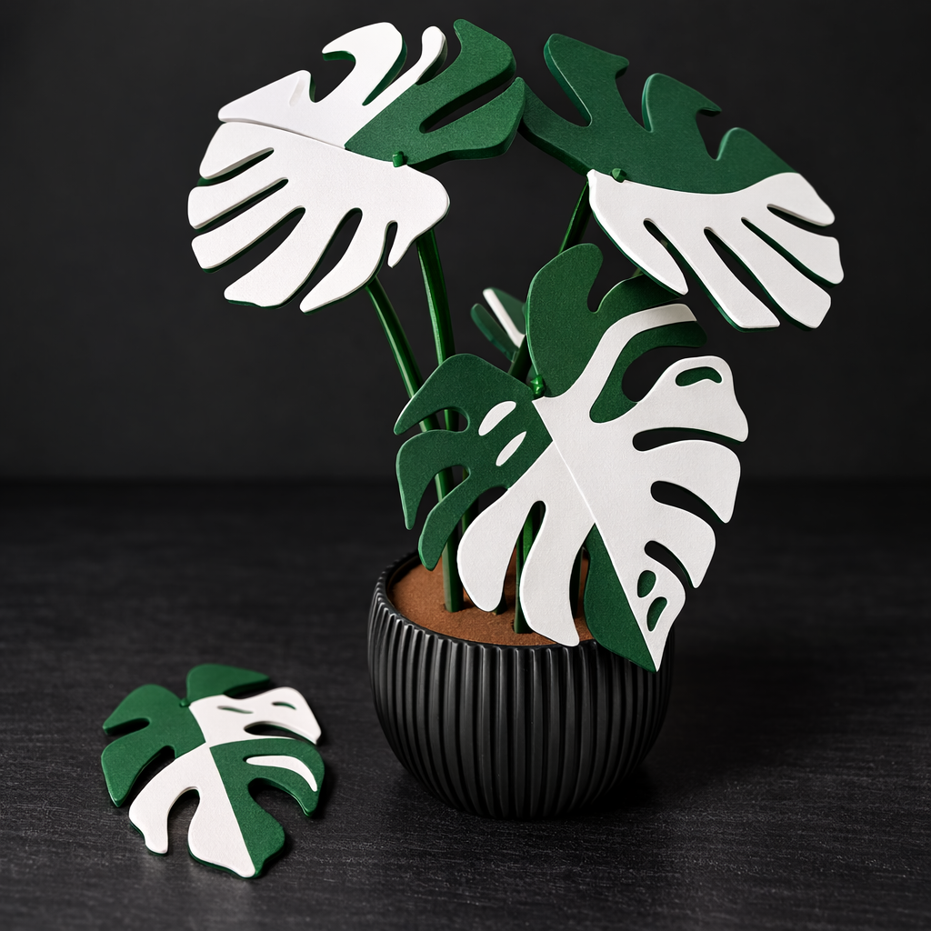 Decorative plant with green and white leaves in a black pot on a dark background