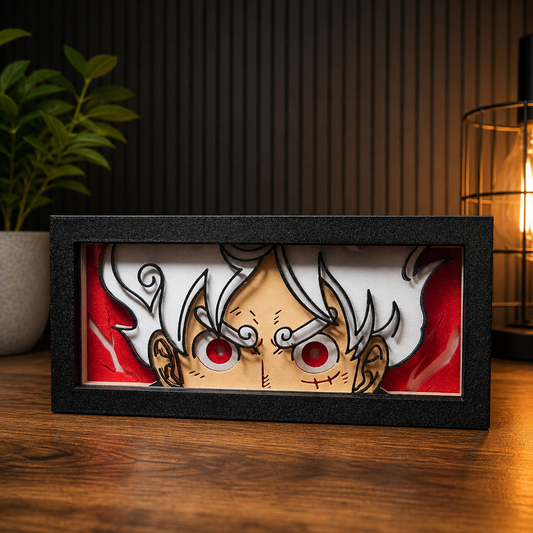 Framed artwork of an anime character's face with red eyes on a wooden surface.