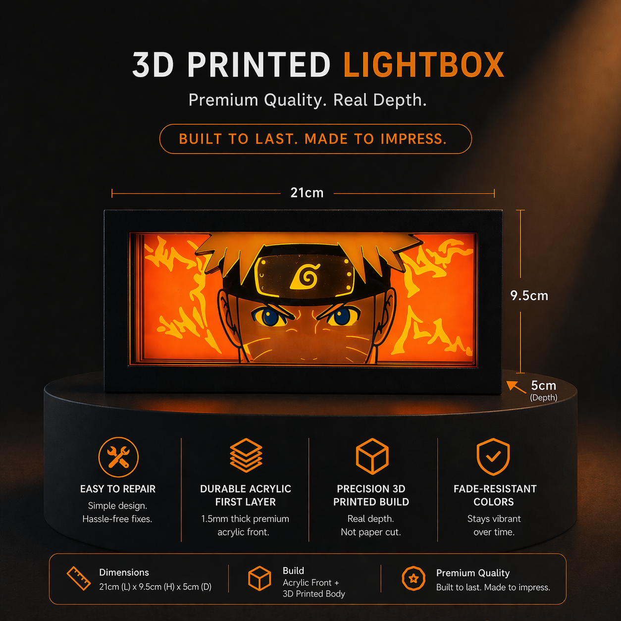 3D printed lightbox with dimensions and features on a dark background