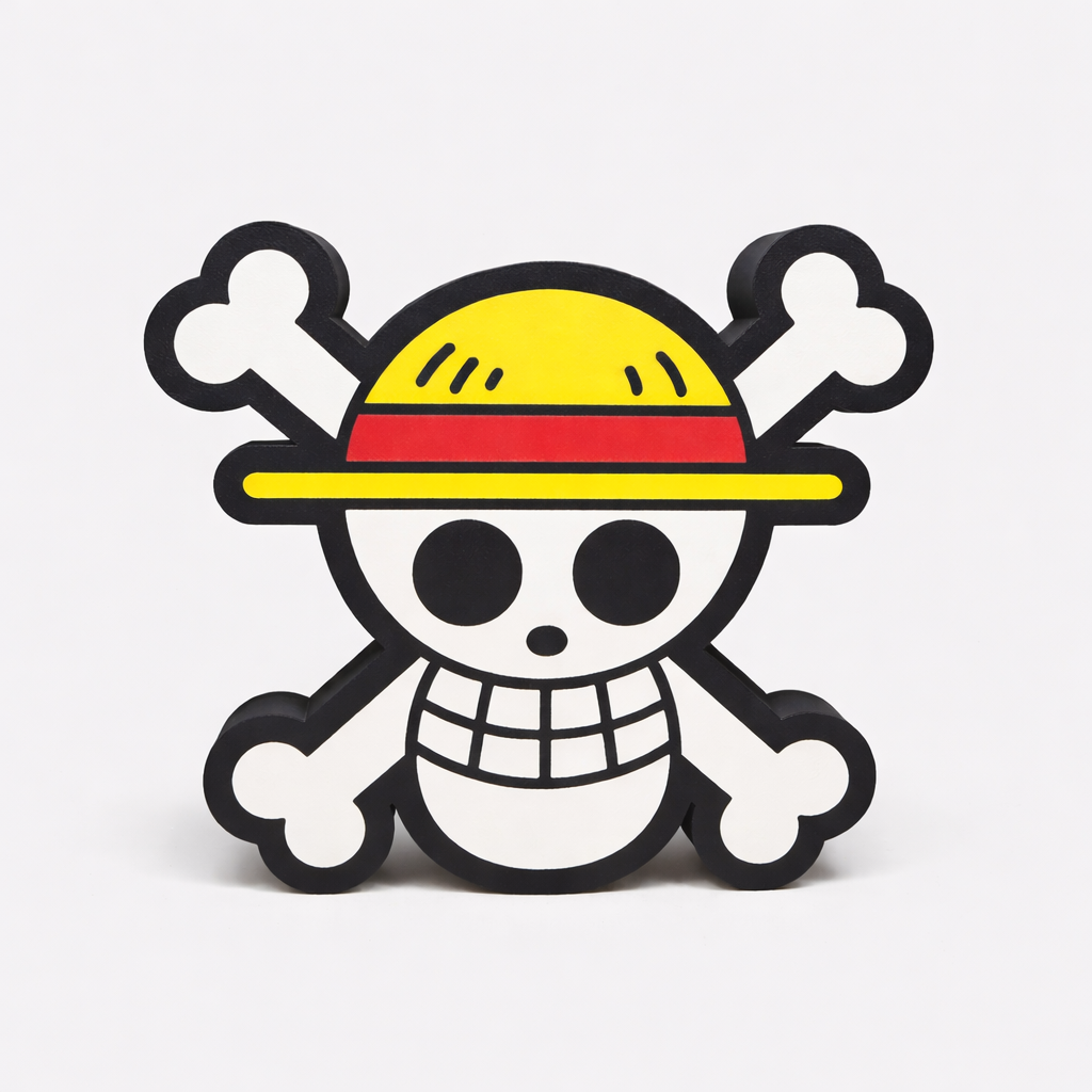 Cartoon character with a yellow hat and black crossbones on a white background