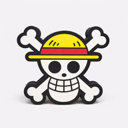 Cartoon character with a yellow hat and black crossbones on a white background