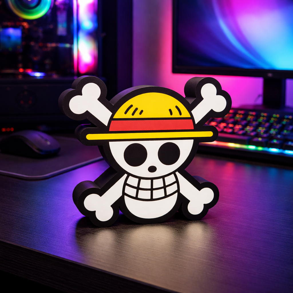 Skull with a yellow hat on a desk with colorful lighting