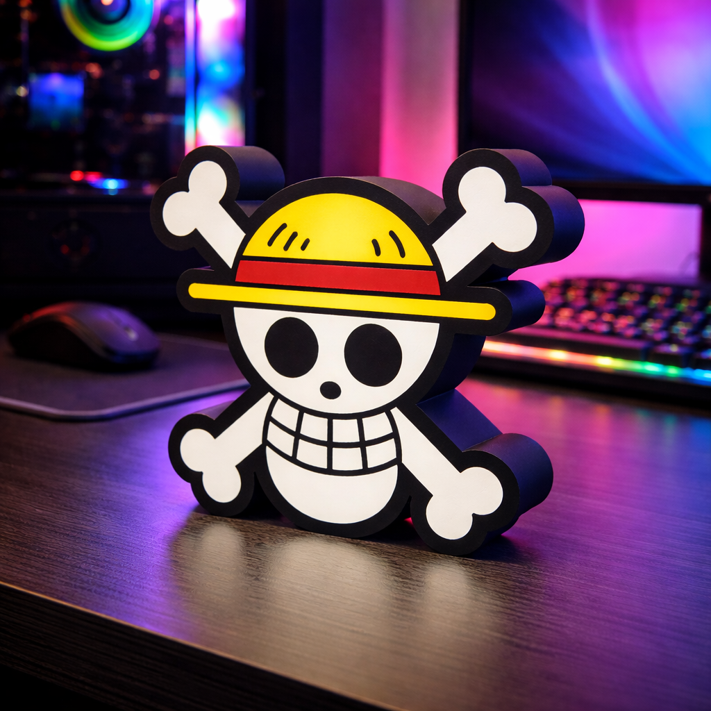 Skull with a yellow hat and crossed bones on a desk with colorful lighting