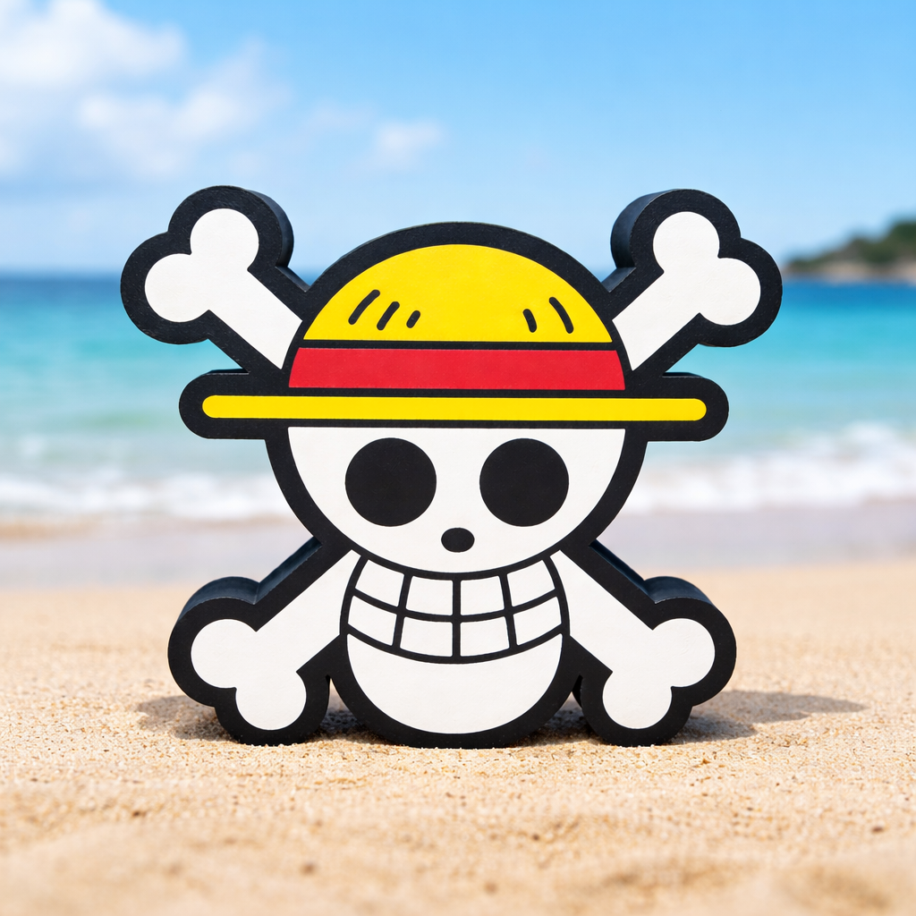Cartoon character with a yellow hat on a beach