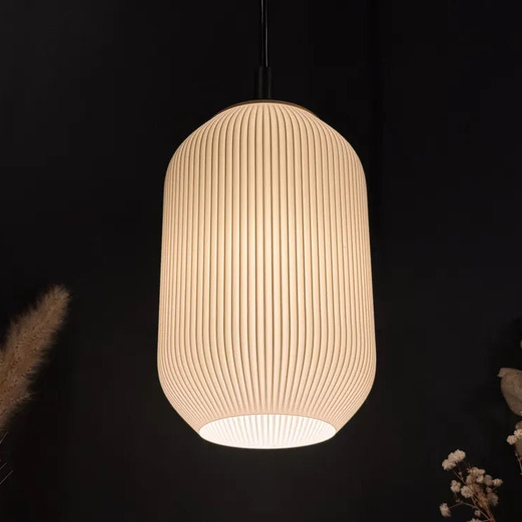 Beige pendant light hanging against a black background with decorative plants.