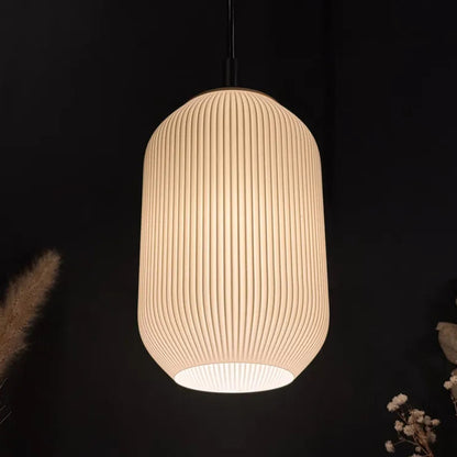 Beige pendant light hanging against a black background with decorative plants.