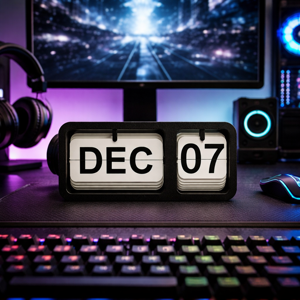 Gaming setup with a calendar displaying December 7th, headphones, and a monitor in the background.