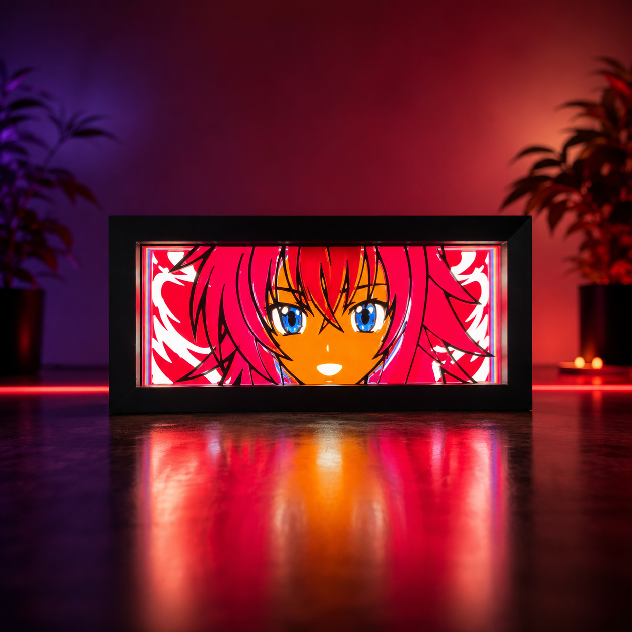 Framed anime-style artwork with a character with red hair and blue eyes on a dark background.