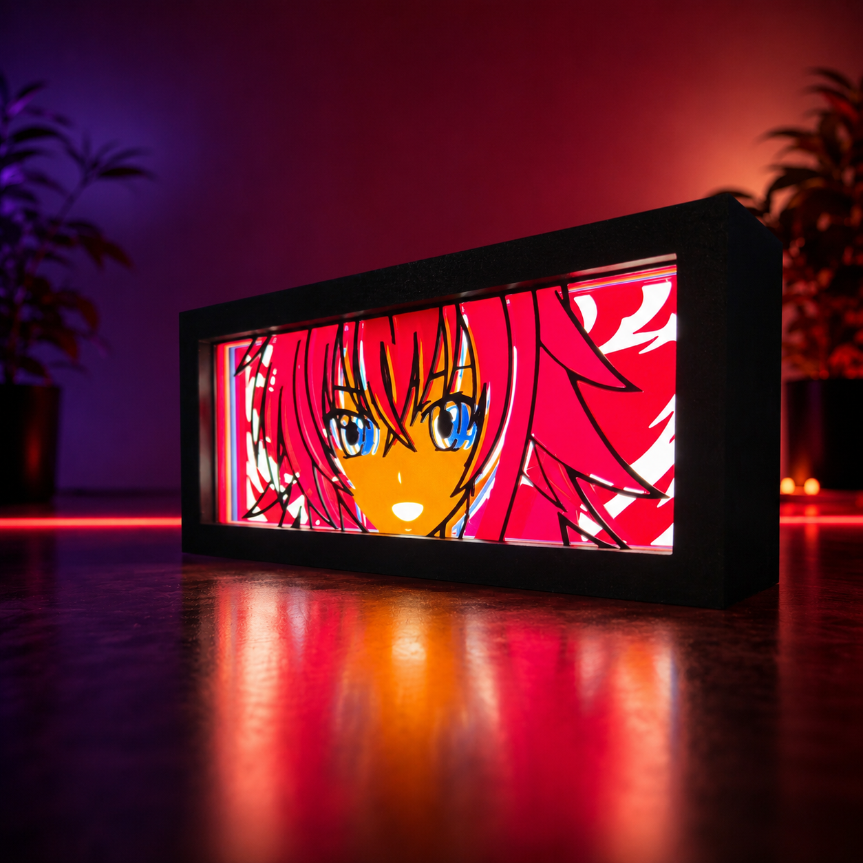 Anime character light box on a reflective surface with a dark background