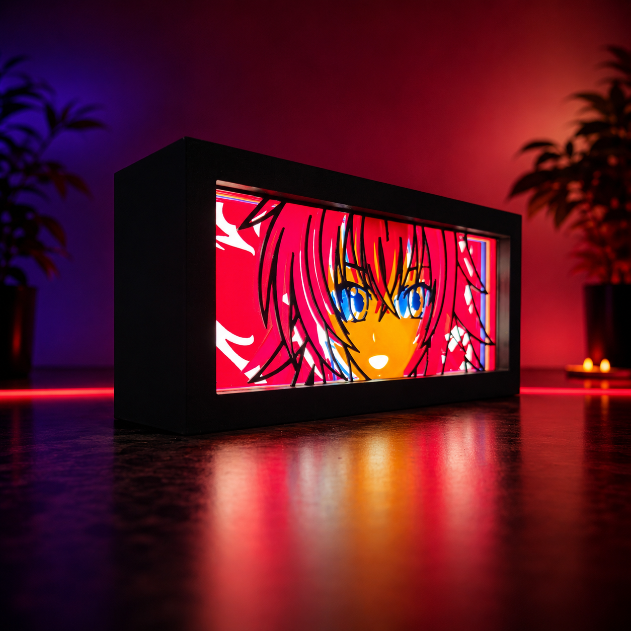 Anime character light box with red and black frame on a reflective surface with plants in the background