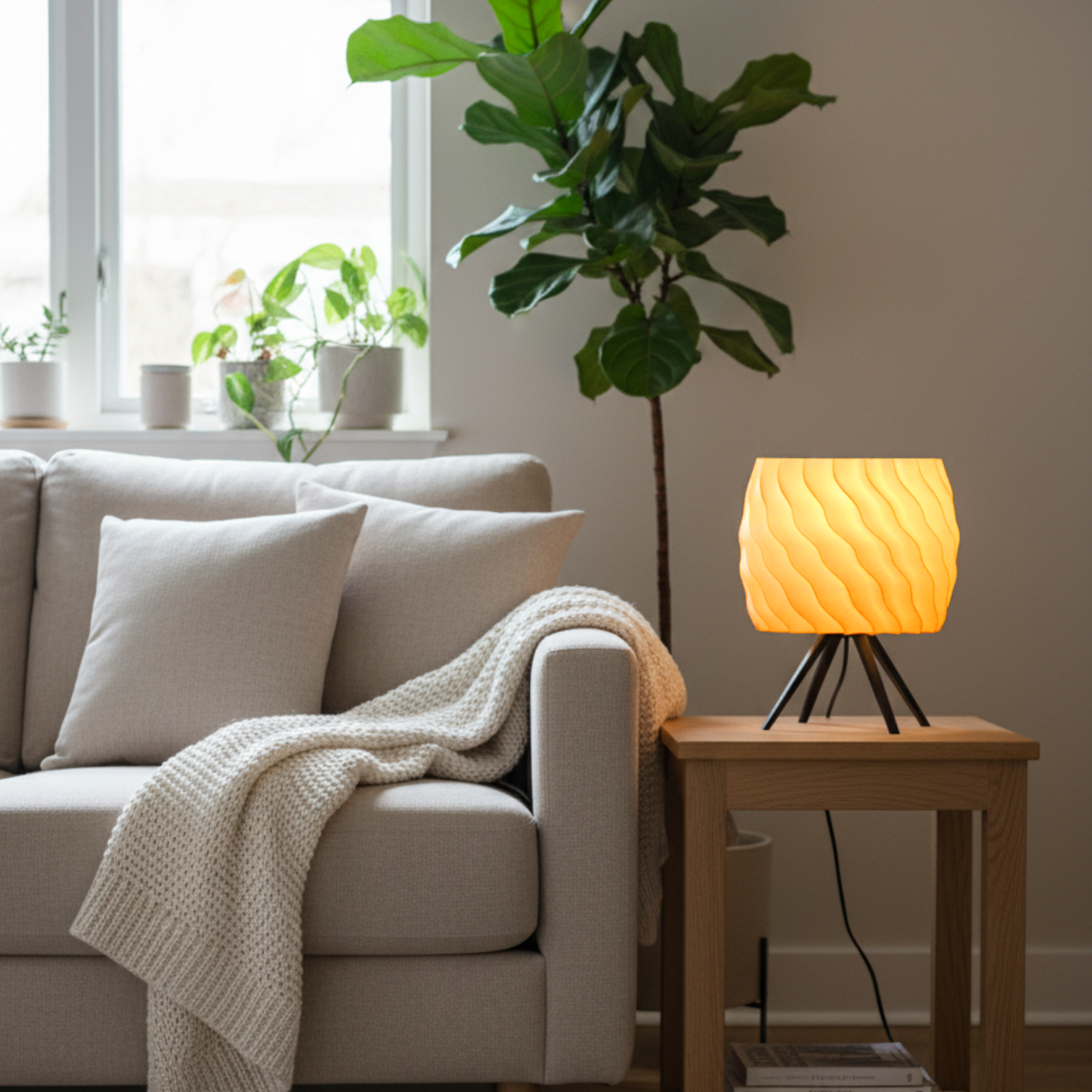 Cozy living room with a beige sofa, lamp, and plants