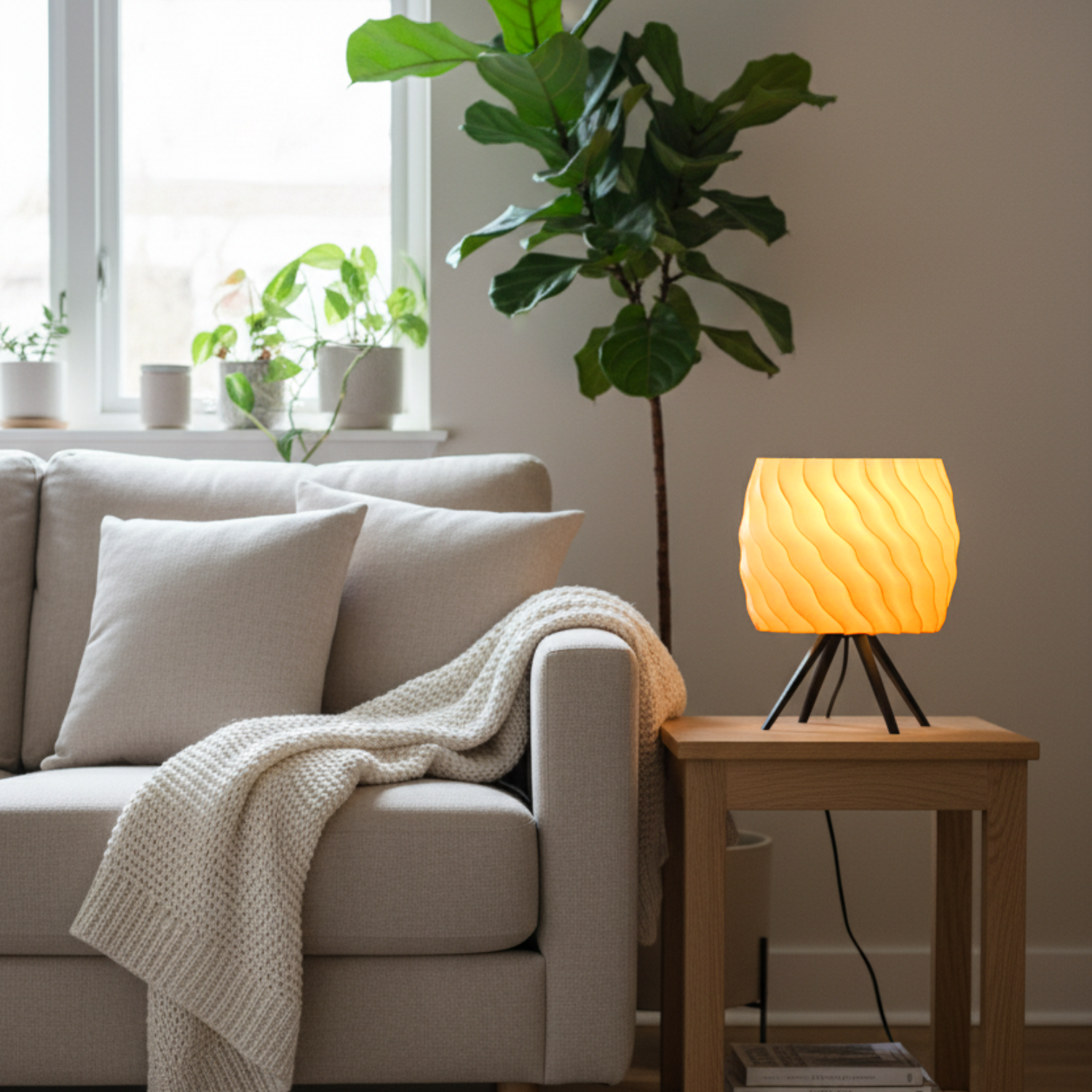 Cozy living room with a beige sofa, lamp, and plants