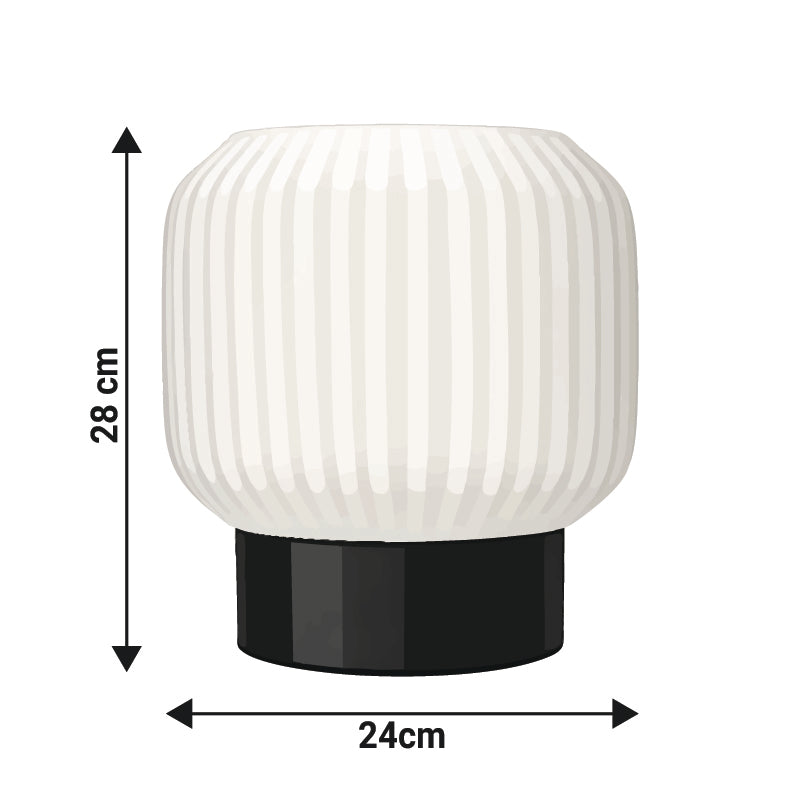 White textured table lamp with black base and dimensions indicated on a white background