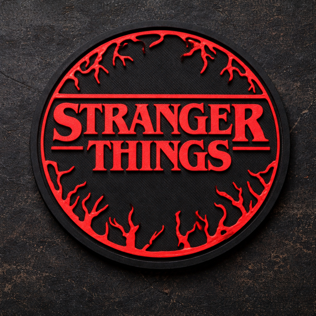 Circular 'Stranger Things' logo with red text on a dark background