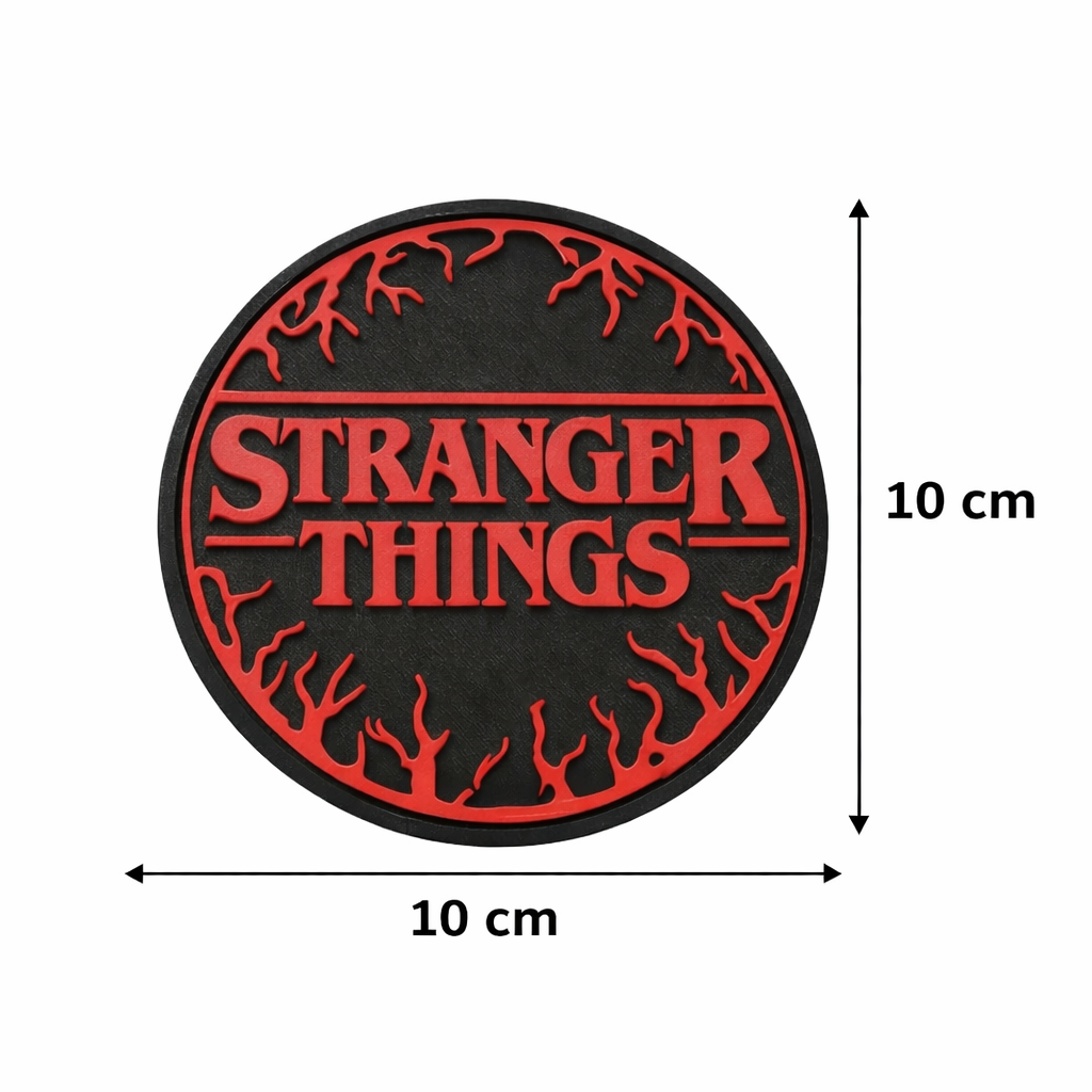 Round 'Stranger Things' logo patch with red text and black border, shown with dimensions on a white background.