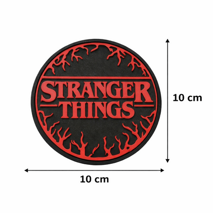 Round 'Stranger Things' logo patch with red text and black border, shown with dimensions on a white background.