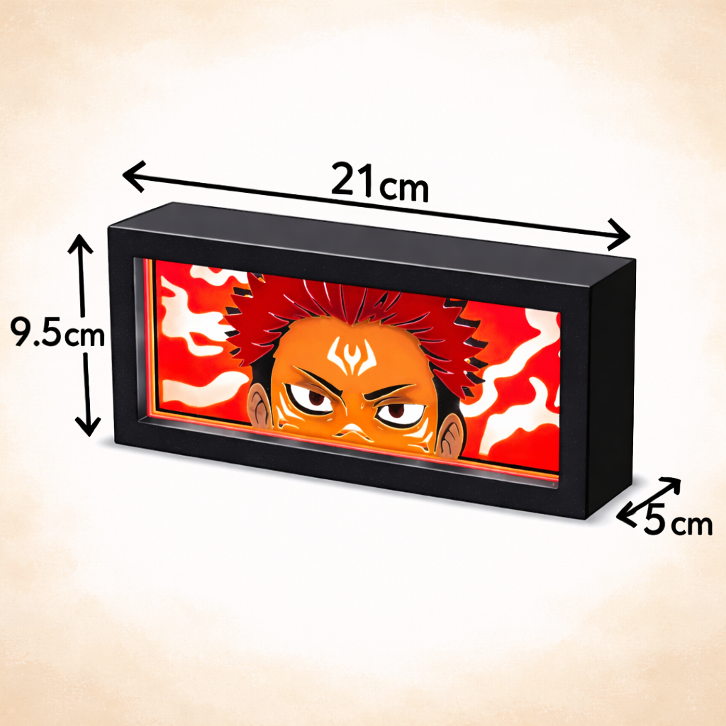 Rectangular display case with anime character design, showing dimensions on a beige background.