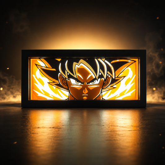 Light-up sign with a stylized face design on a dark background