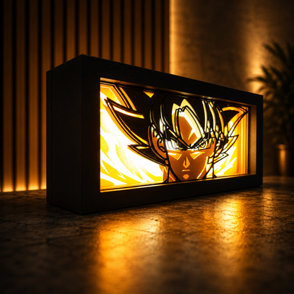 Light box with a character design on a wooden surface