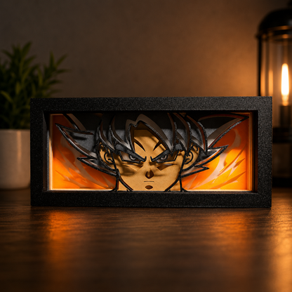Decorative light box with an anime character design on a wooden surface.
