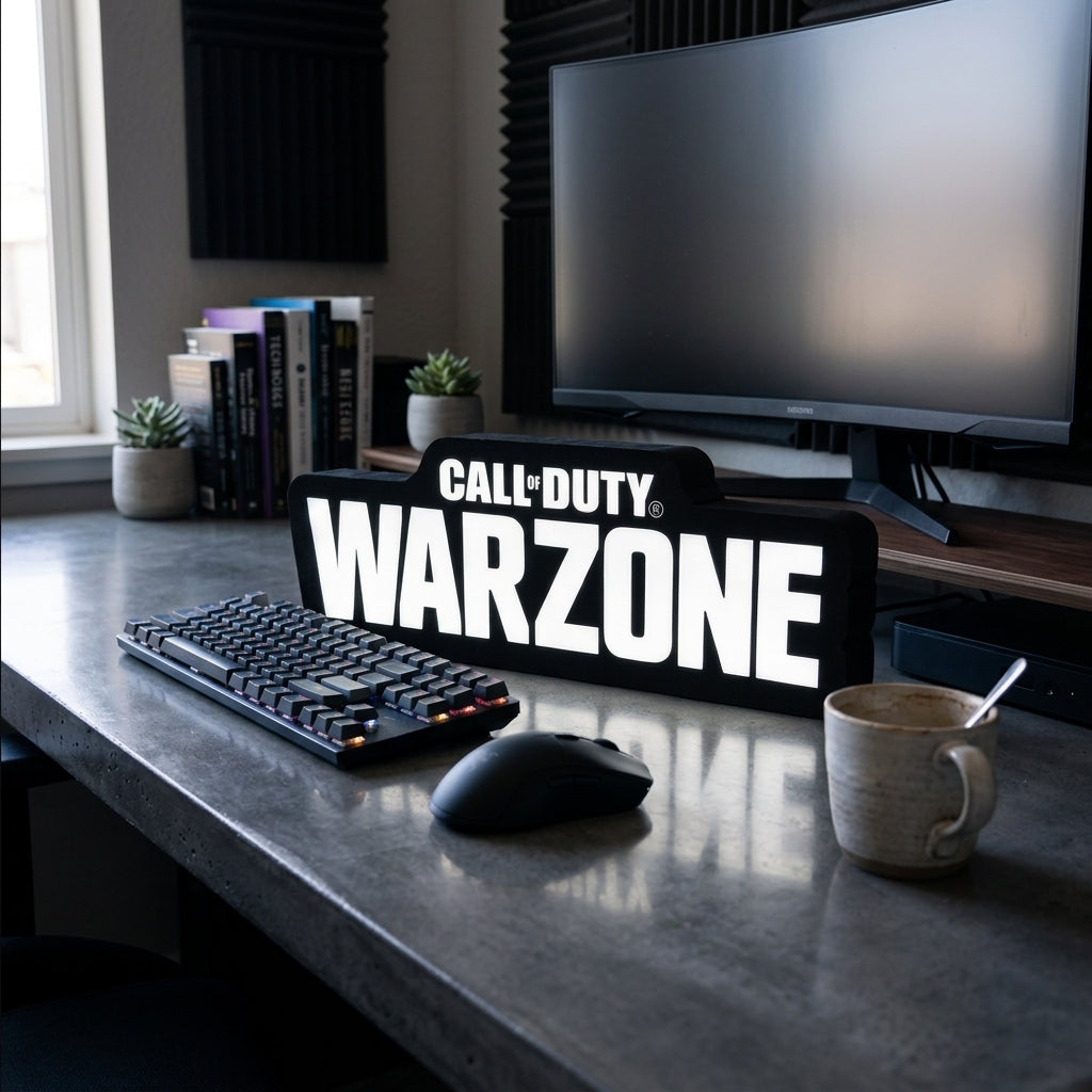 Desk setup with 'Call of Duty: Warzone' sign, keyboard, mouse, and mug.