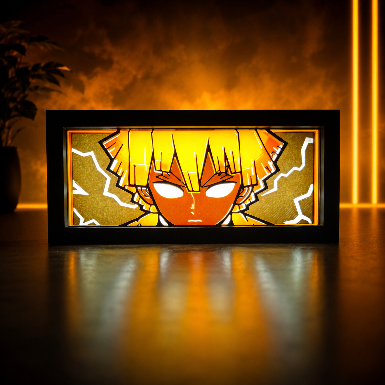 Framed artwork of an anime character with a stylized face on a dark background