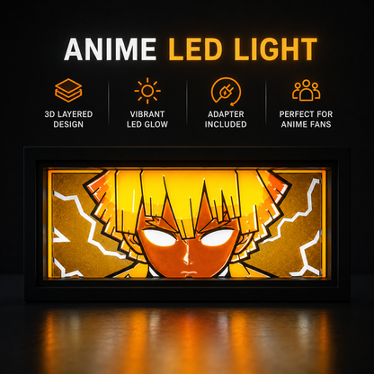 Anime LED light with features listed on a black background
