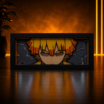 Wooden cutout of an anime character's face with a dark frame on a reflective surface.